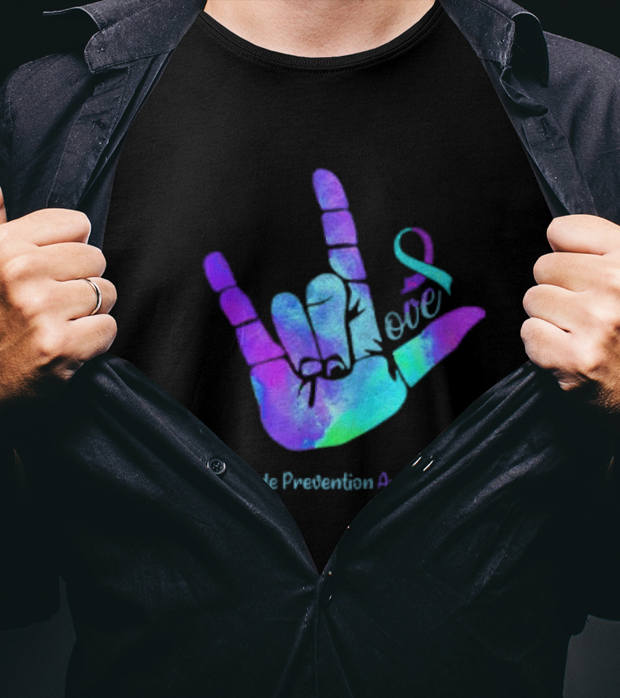 Love Hand Sign With Ribbon For Suicide Prevention Awareness T-Shirt
