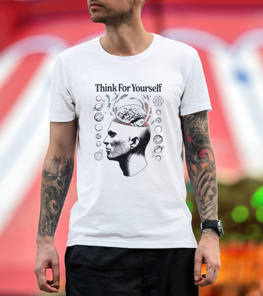 Think For Yourself Brain with Planets and Geometric Symbols T-Shirt
