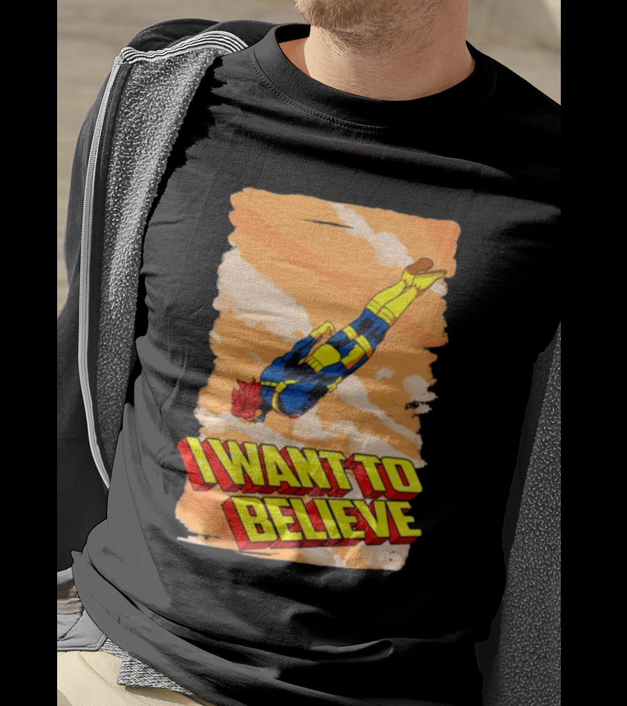 I Want To Believe Superheroes Retro Flying Hero In Yellow And Blue Suit T-Shirt