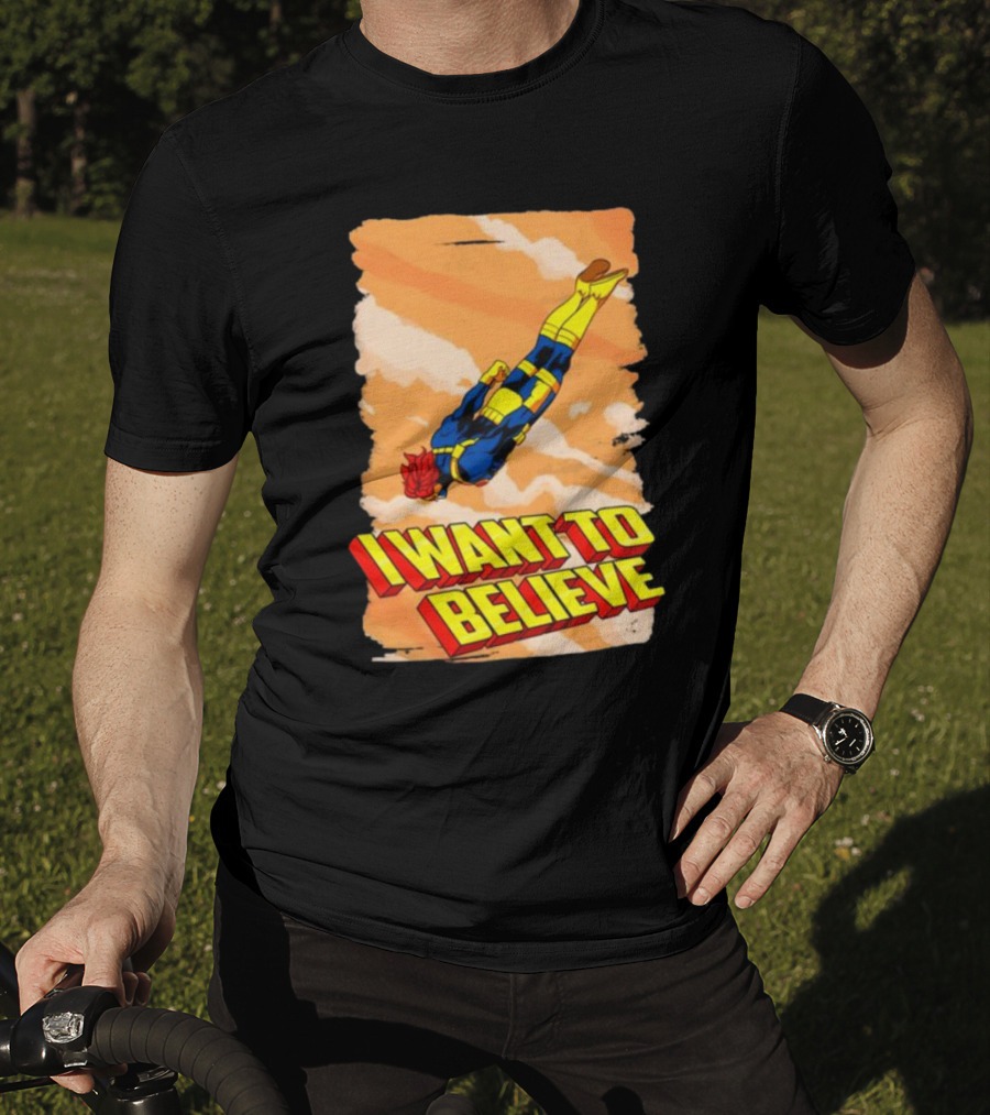 I Want To Believe Superheroes Retro Flying Hero In Yellow And Blue Suit T-Shirt