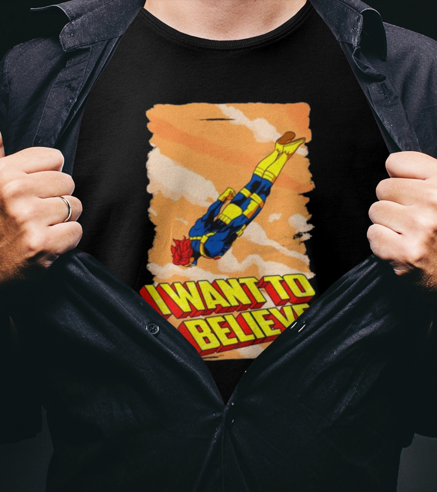 I Want To Believe Superheroes Retro Flying Hero In Yellow And Blue Suit T-Shirt