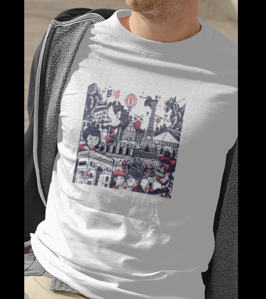 BasePaint Cityscapes Paris Eiffel Tower And Arc De Triomphe Neon Hearts T-Shirt