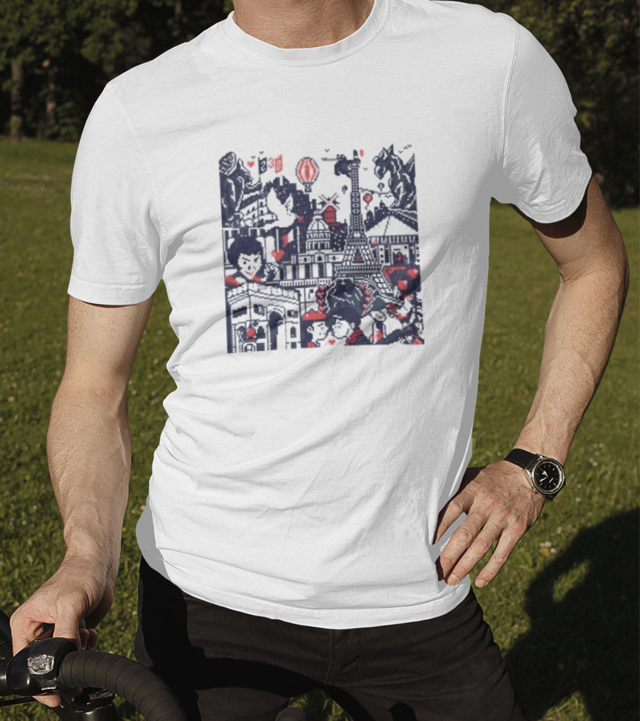 BasePaint Cityscapes Paris Eiffel Tower And Arc De Triomphe Neon Hearts T-Shirt