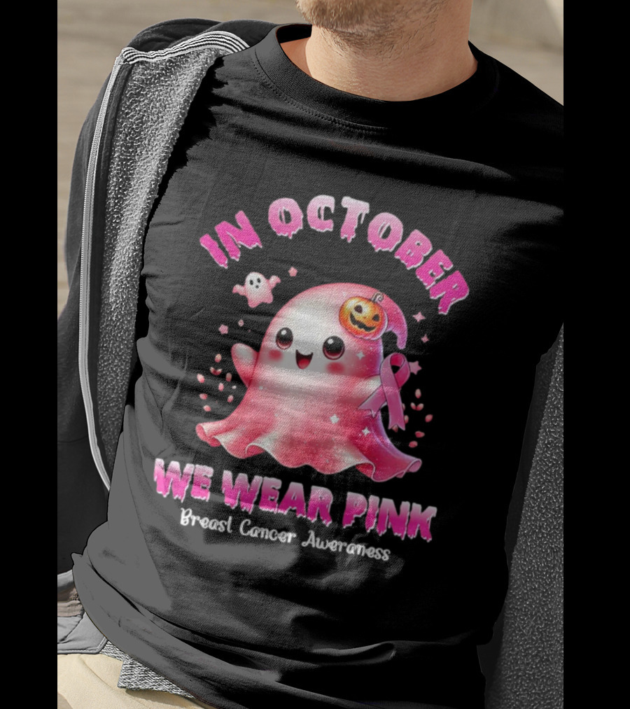 In October We Wear Pink Ghost Pumpkin Ribbon Breast Cancer Awareness T-Shirt