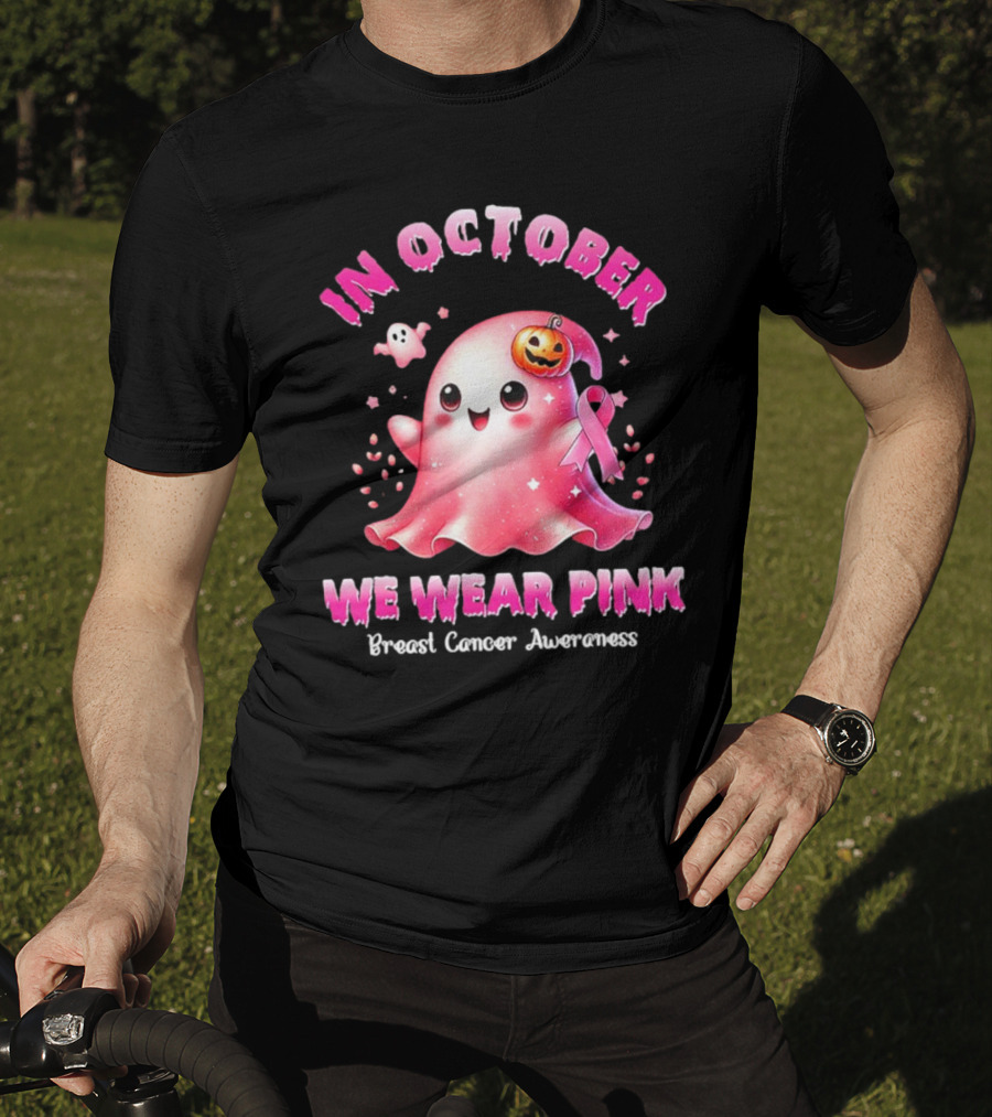 In October We Wear Pink Ghost Pumpkin Ribbon Breast Cancer Awareness T-Shirt