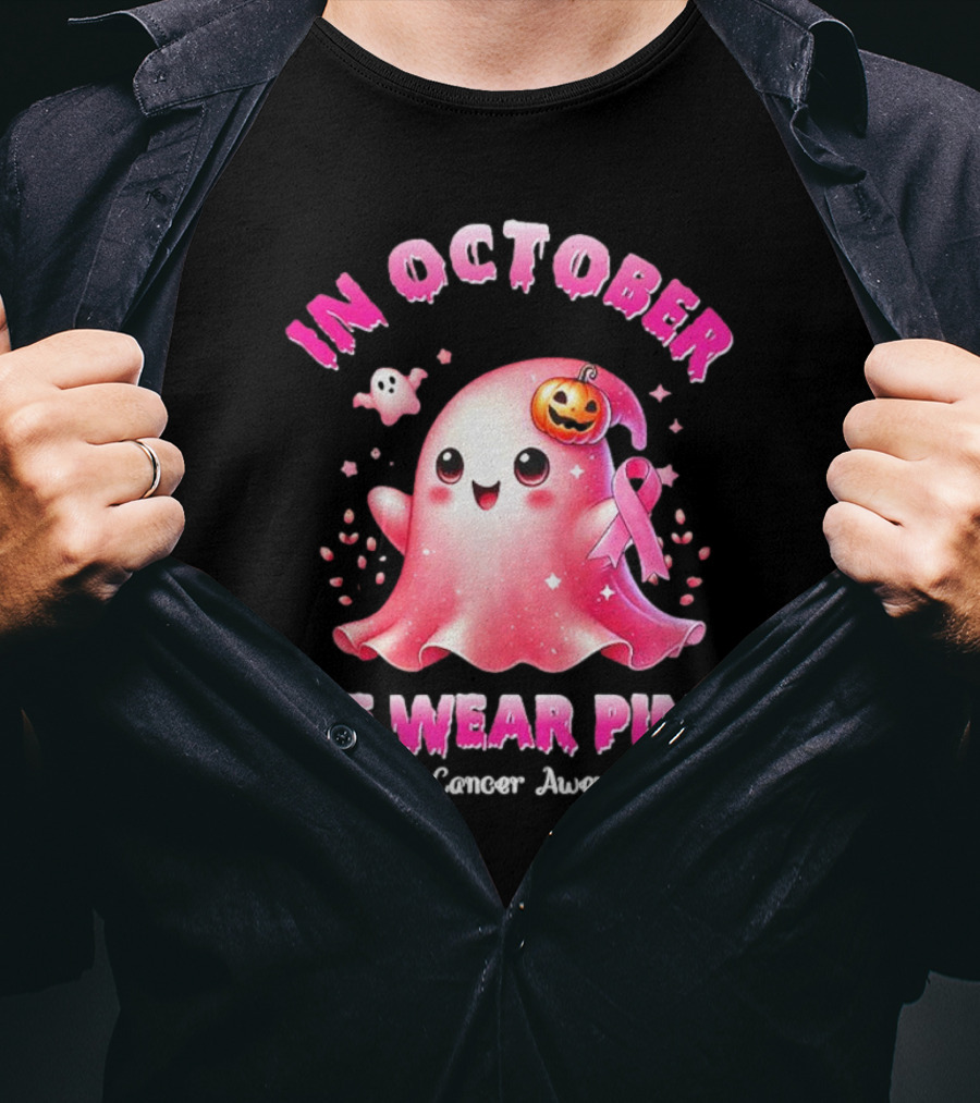 In October We Wear Pink Ghost Pumpkin Ribbon Breast Cancer Awareness T-Shirt