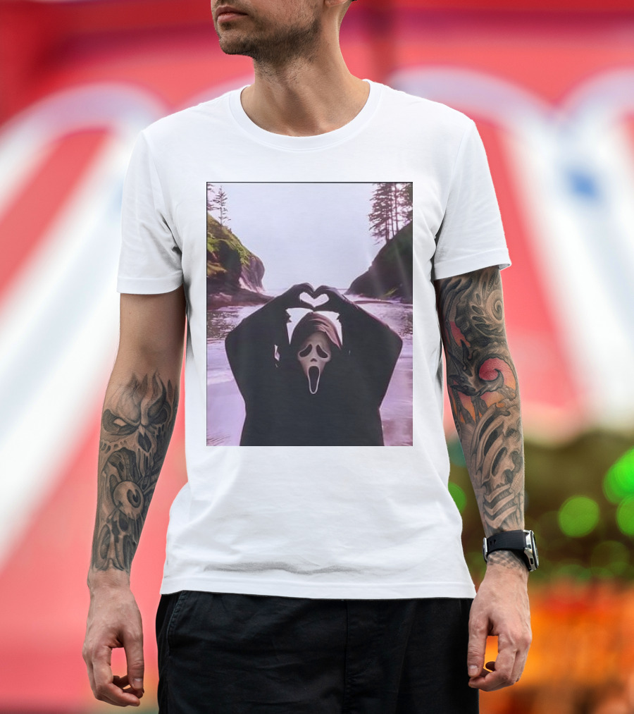 Vintage 90s Ghostface Heart Hands by the River in Halloween Setting T-Shirt