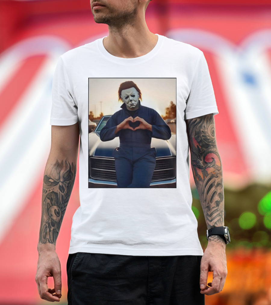 Vintage Halloween Michael Myers Heart Hands Pose in Front of Classic Car T-Shirt