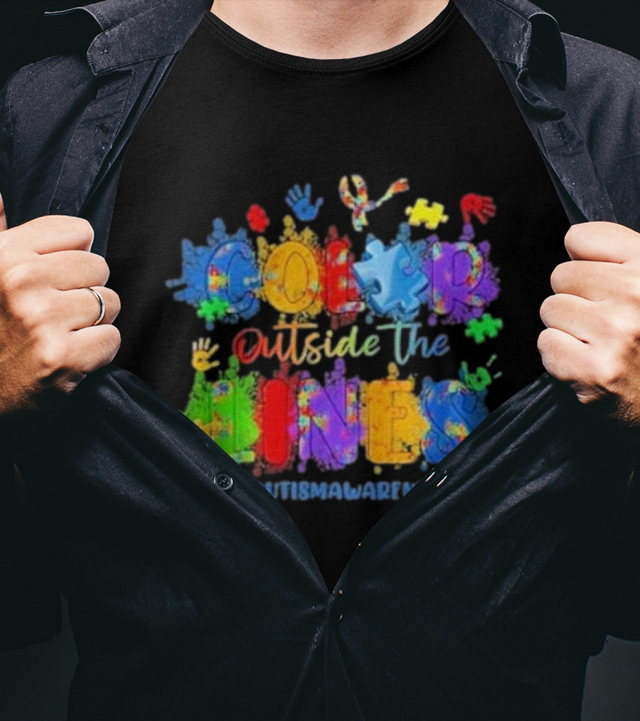 Color Outside The Lines Autism Awareness Puzzle Ribbon Hands #AutismAwareness T-Shirt