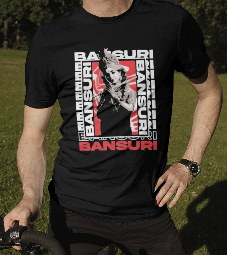 Bansuri Beautiful Girl With Flute Elegantly Framed In Red And White T-Shirt