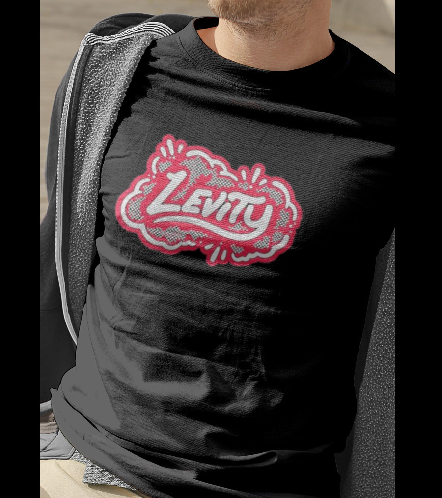 Levity Music Store Red And White Comic-Style Text On Black Cloud Background T-Shirt