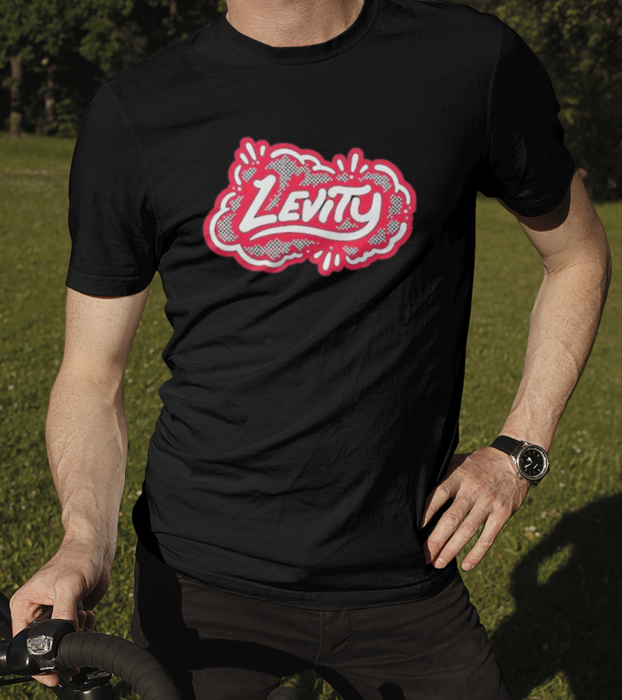 Levity Music Store Red And White Comic-Style Text On Black Cloud Background T-Shirt