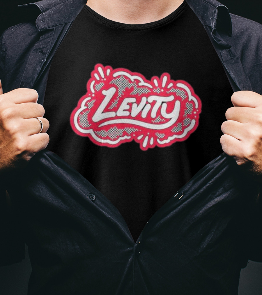 Levity Music Store Red And White Comic-Style Text On Black Cloud Background T-Shirt