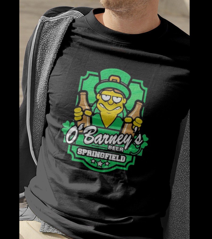 O’Barney’s Beer Springfield Leprechaun Holding Bottles Shamrock Badge T-Shirt
