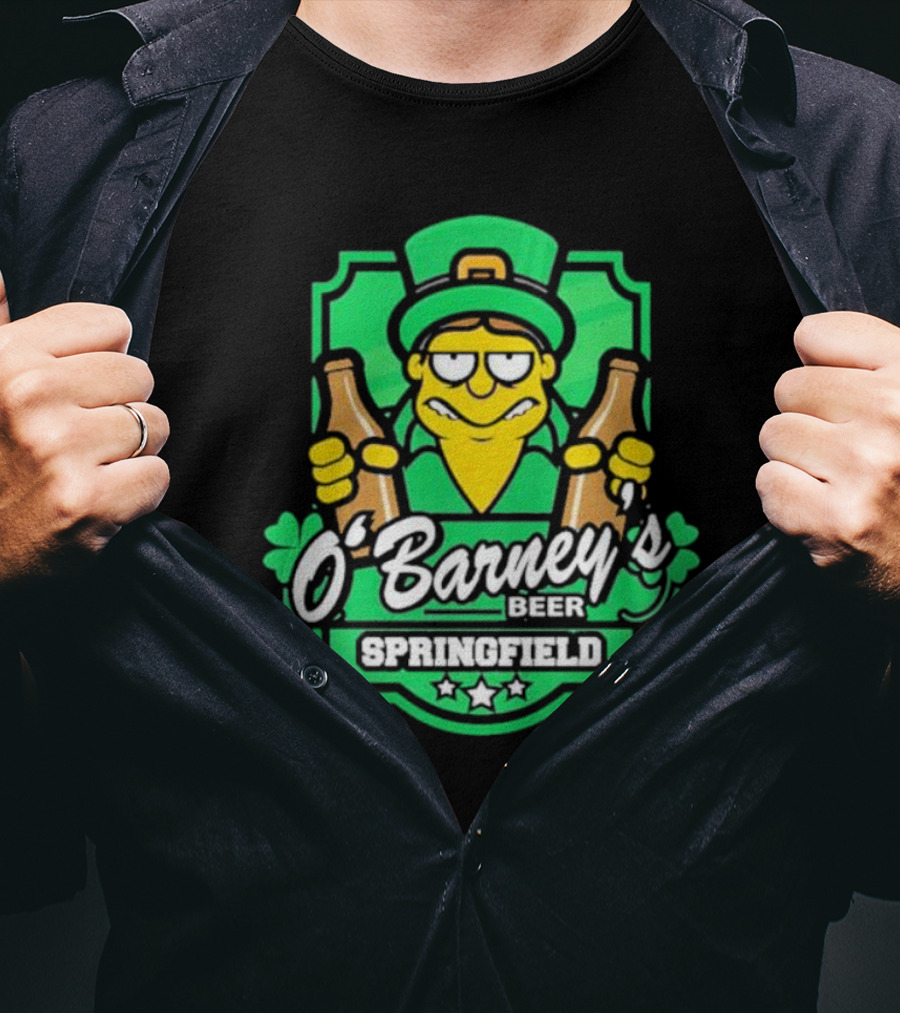 O’Barney’s Beer Springfield Leprechaun Holding Bottles Shamrock Badge T-Shirt