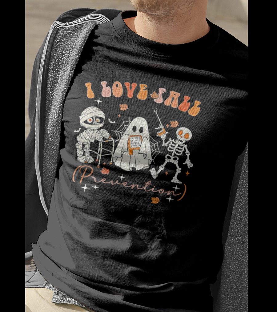 I Love Fall Prevention Groovy Retro Skeleton Mummy Physical Therapy T-Shirt