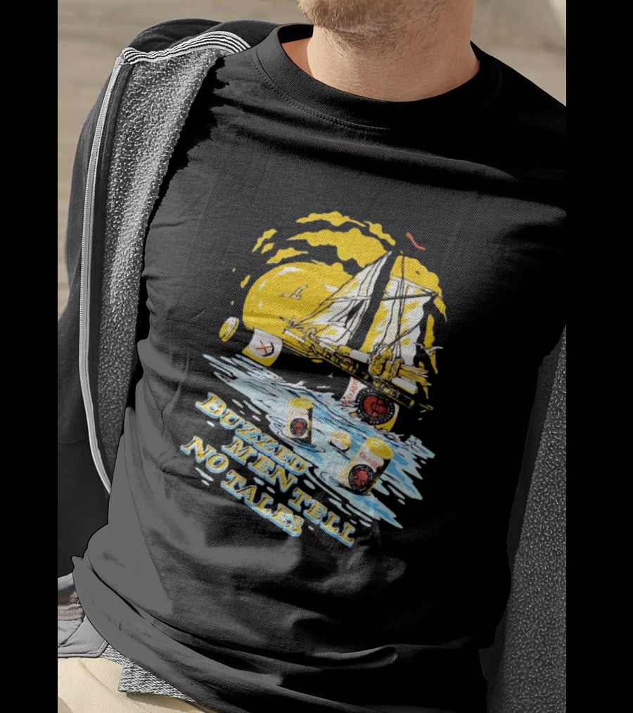 Buzzed Men Tell No Tales With Sailboat And Old Style Beer Can Waves T-Shirt