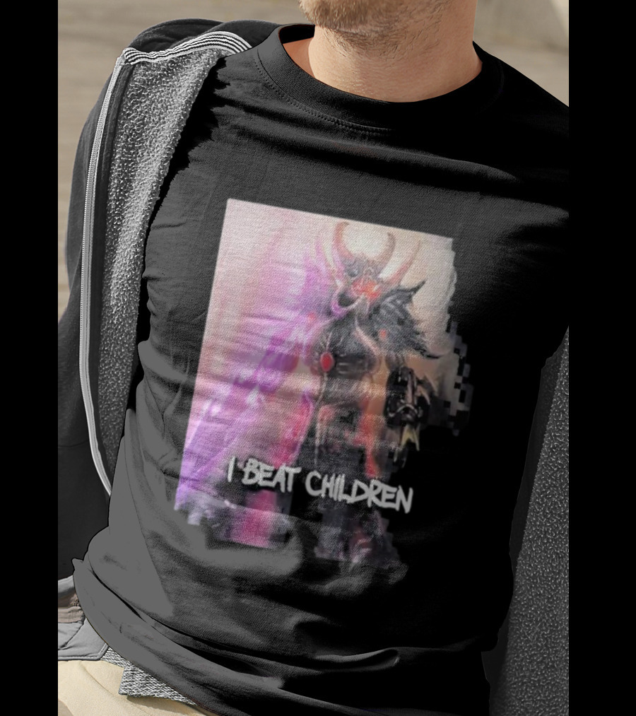 Kassadin I Beat Children Text Featuring Dark Mysterious Armored Character With Glowing Accents T-Shirt