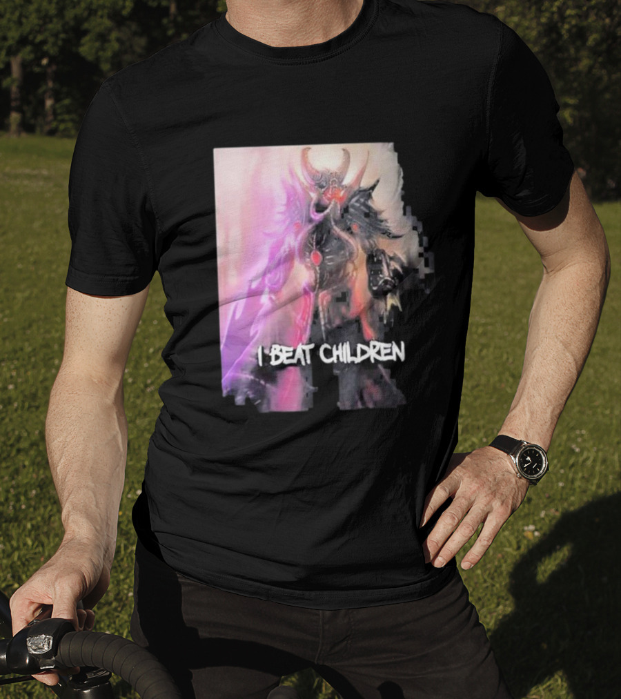 Kassadin I Beat Children Text Featuring Dark Mysterious Armored Character With Glowing Accents T-Shirt
