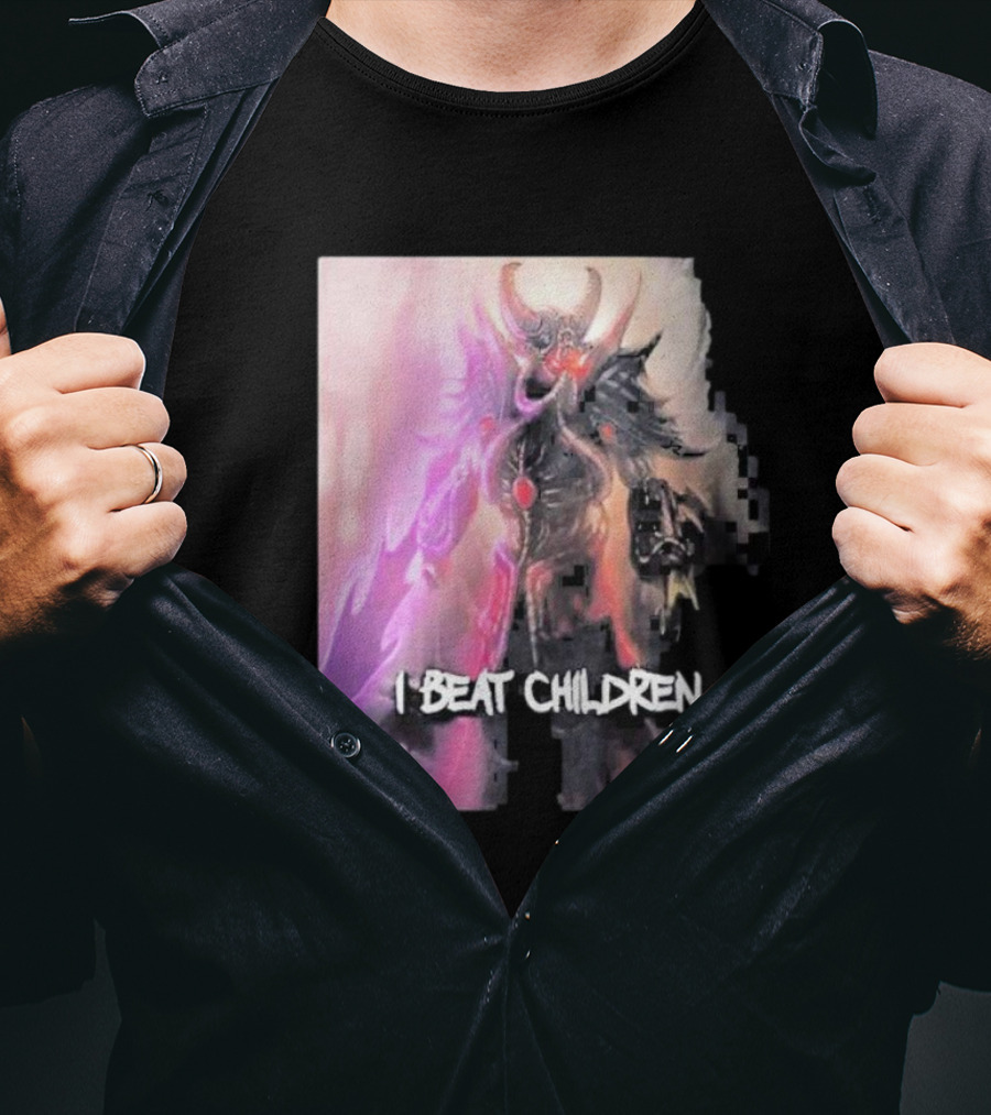 Kassadin I Beat Children Text Featuring Dark Mysterious Armored Character With Glowing Accents T-Shirt