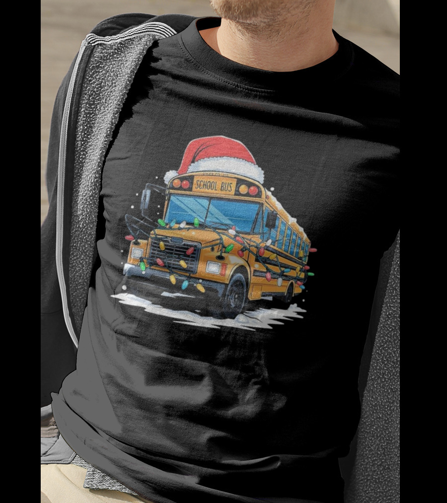School Bus With Christmas Lights And Santa Hat Holiday Xmas T-Shirt