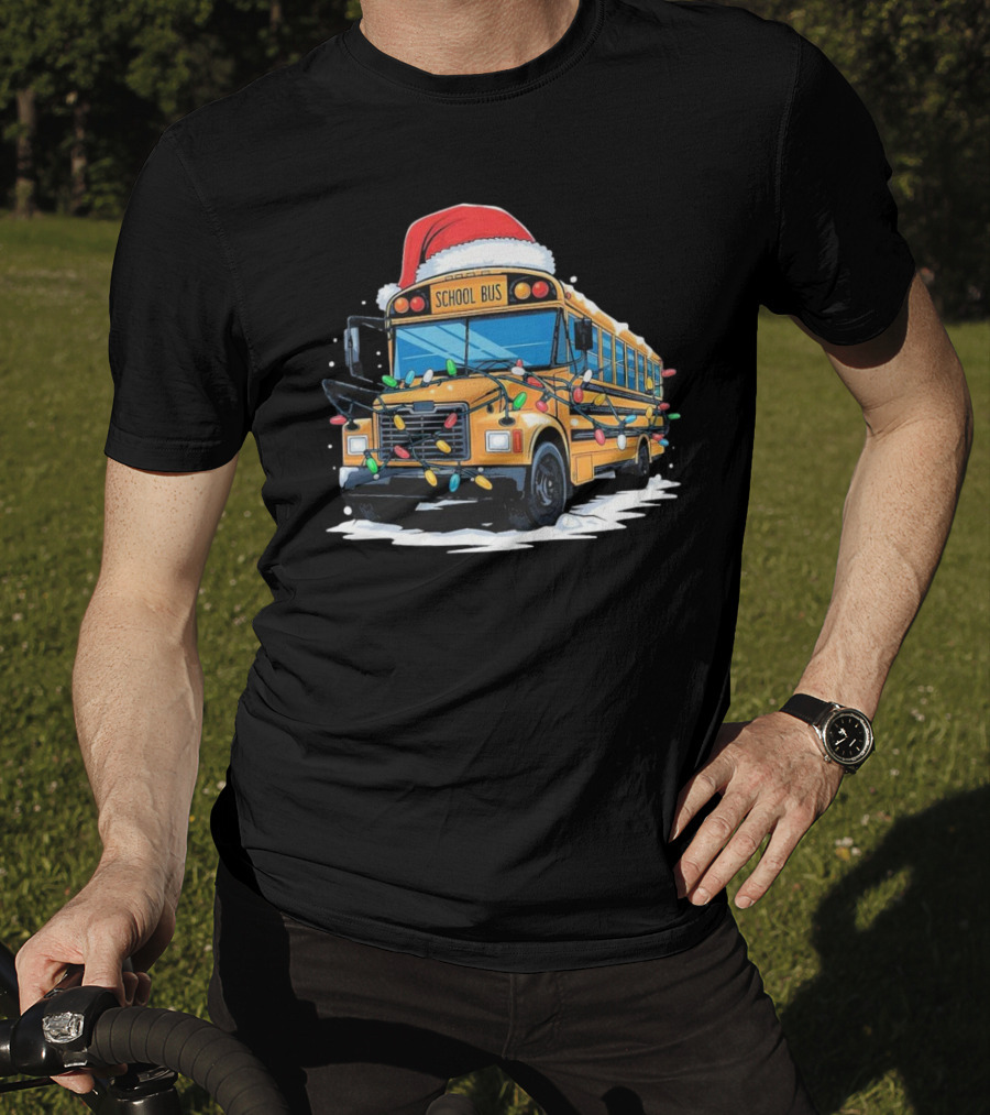 School Bus With Christmas Lights And Santa Hat Holiday Xmas T-Shirt