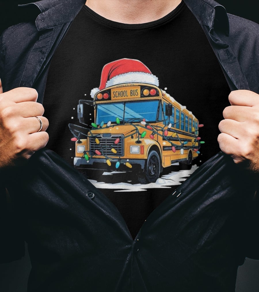 School Bus With Christmas Lights And Santa Hat Holiday Xmas T-Shirt