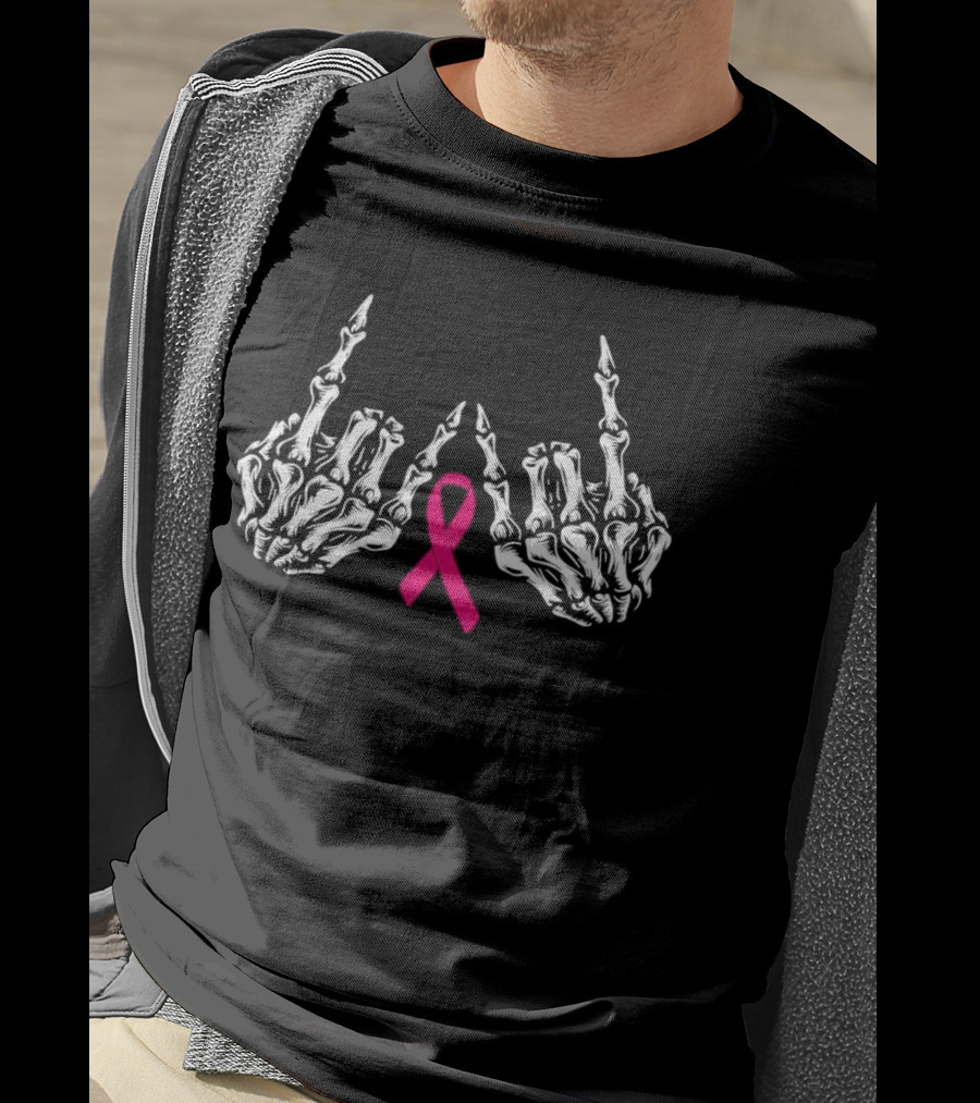 Skeleton Rock Hand Breast Cancer Awareness Pink T-Shirt