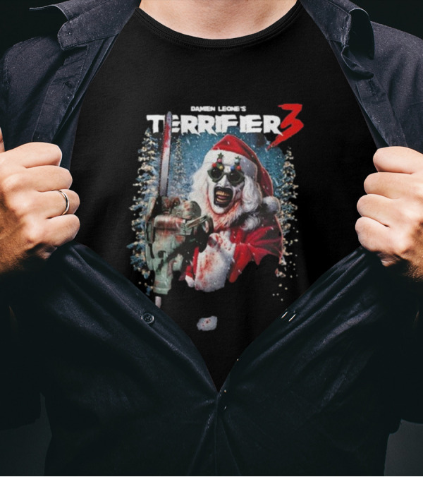 Damien Leone's Terrifier 3 Merry Mayhem Santa With Chainsaw T-Shirt