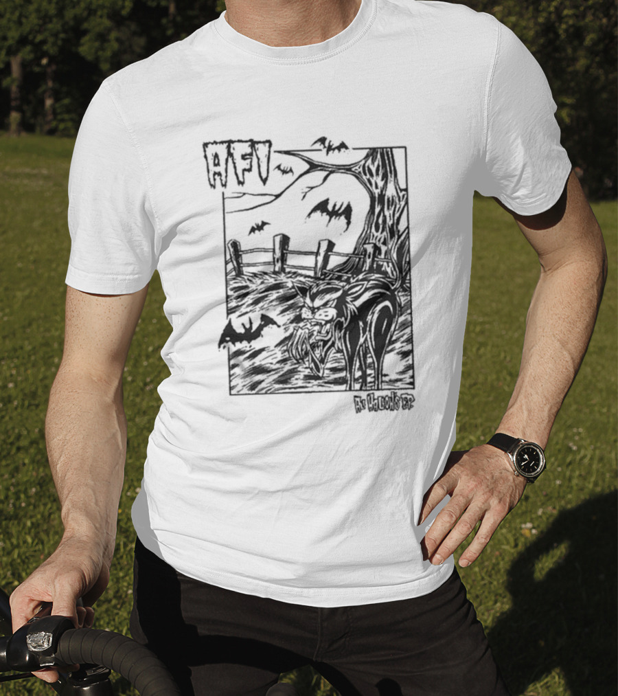 AFI All Hallow's Eve Bats And Black Cat In Haunted Scene T-Shirt