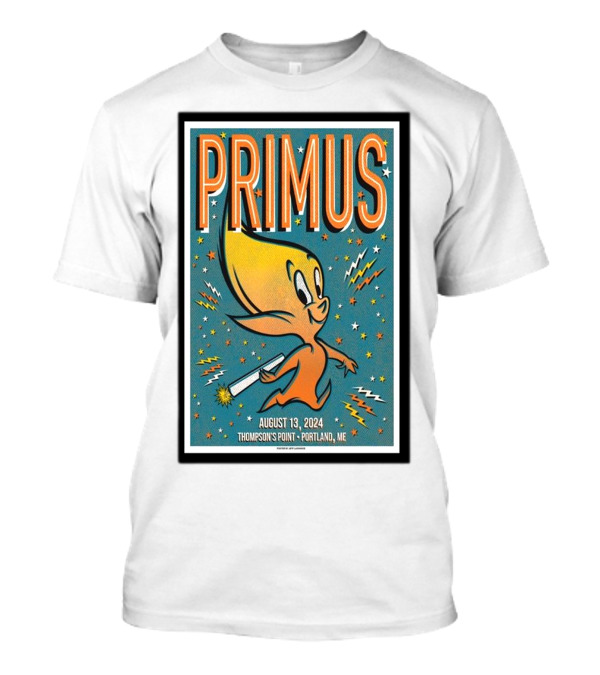PRIMUS August 13 2024 Thompson's Point Portland ME Starburst Cartoon Character T-Shirt