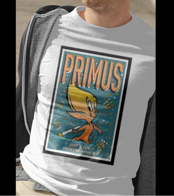 PRIMUS August 13 2024 Thompson's Point Portland ME Starburst Cartoon Character T-Shirt