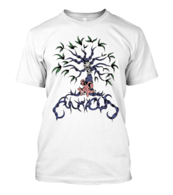 Anxious Skull Tree With Red Mouse Entwined In Blue And Green Branches T-Shirt