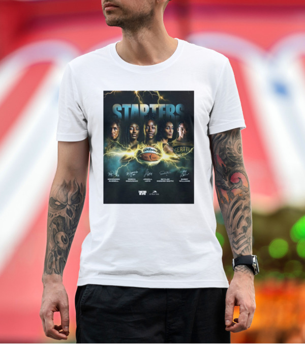Premium T-Shirt: Starters Jewell Loyd Nneka Ogwumike Mercedes Russell Skylar Diggins-Smith Gabby Williams Seattle Five Signatures T-Shirt Starters Jewell Loyd Nneka Ogwumike Mercedes Russell Skylar Diggins-Smith Gabby Williams Seattle Five Signatures T-Shirt