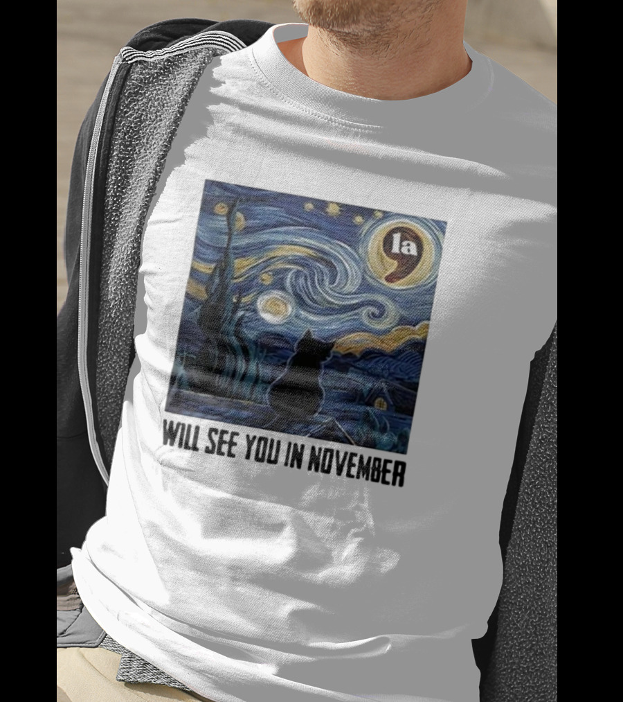 Black Cat LA Starry Night Will See You In November Van Gogh T-Shirt