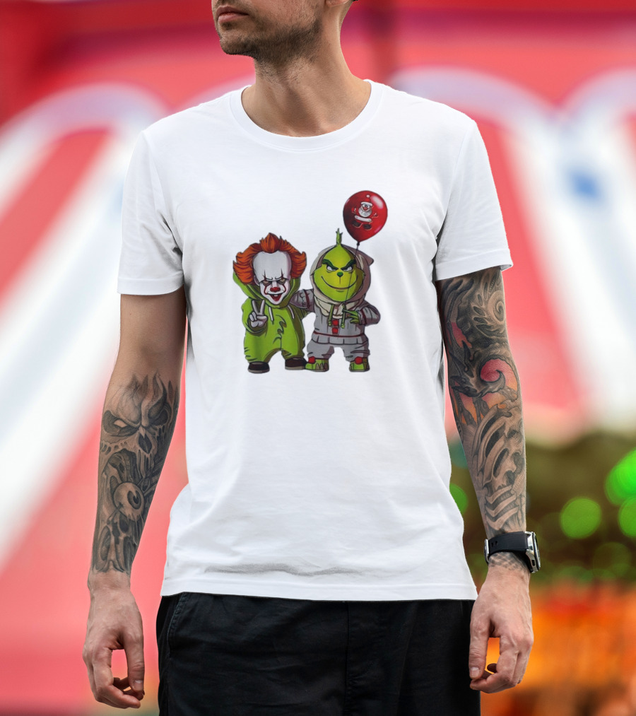 Pennywise Clown and Grinch Santa Balloon Halloween T-Shirt