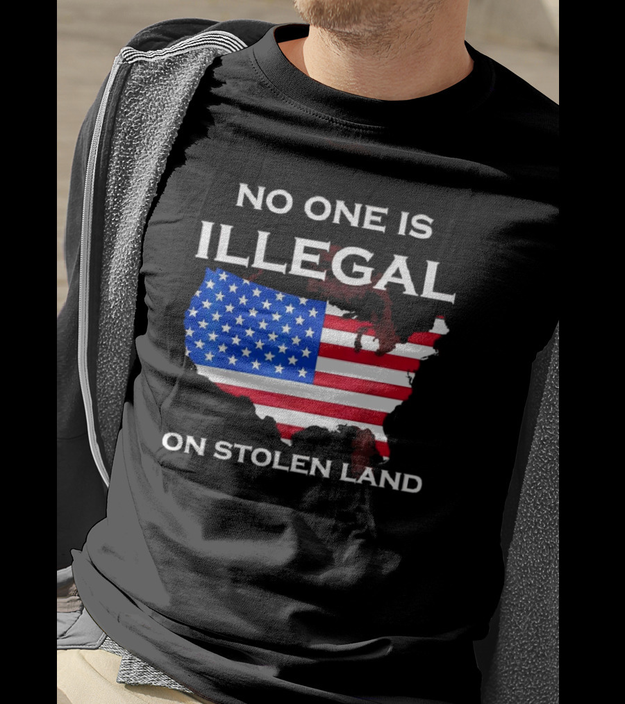 No One Is Illegal On Stolen Land America With United States Flag Map T-Shirt