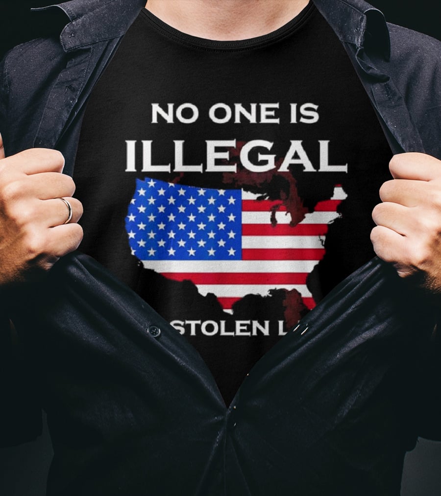 No One Is Illegal On Stolen Land America With United States Flag Map T-Shirt