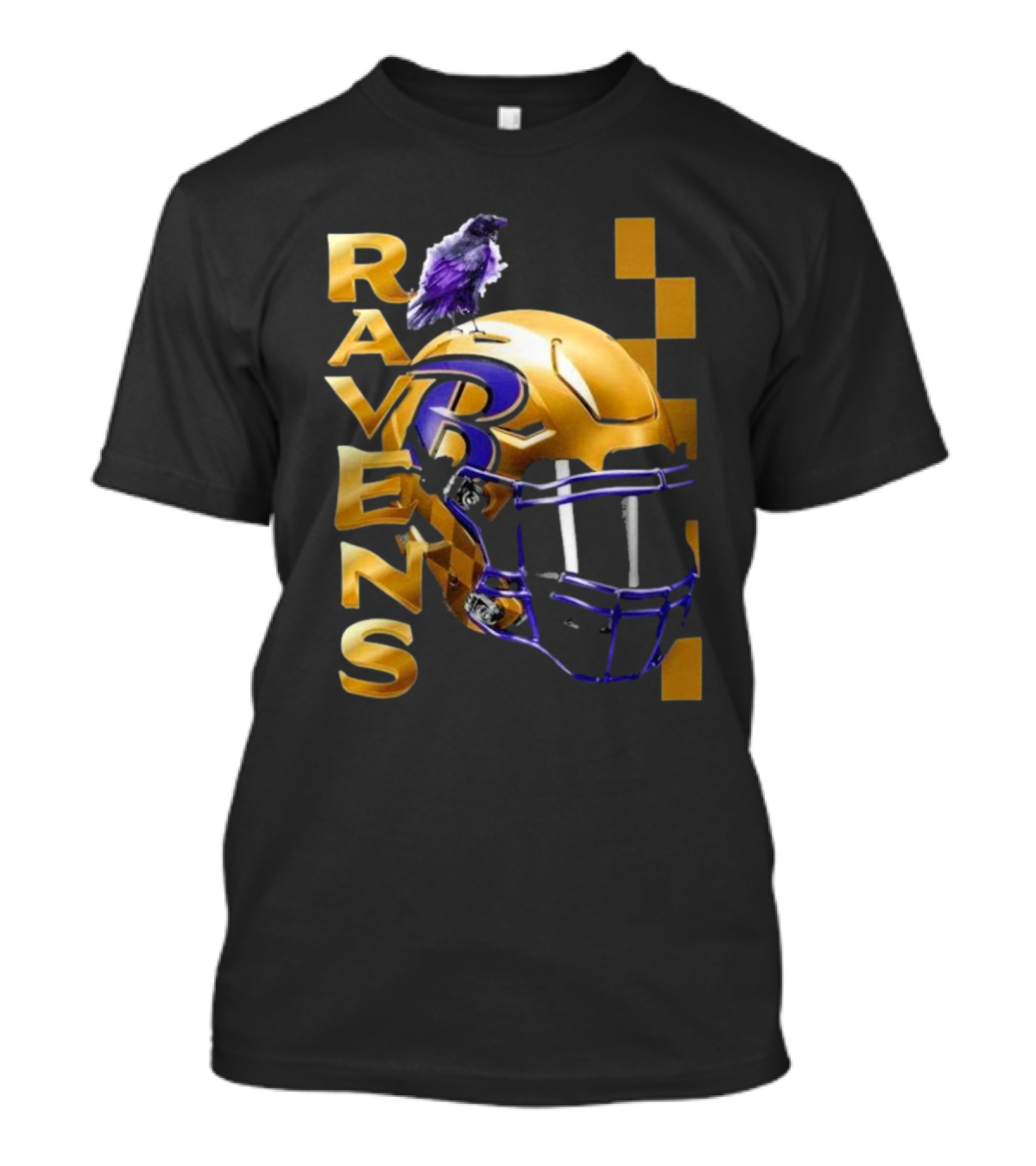 Ravens Gold Helmet With Purple B And Crow T-Shirt
