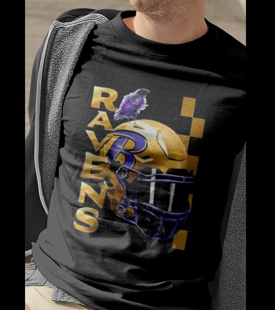 Ravens Gold Helmet With Purple B And Crow T-Shirt