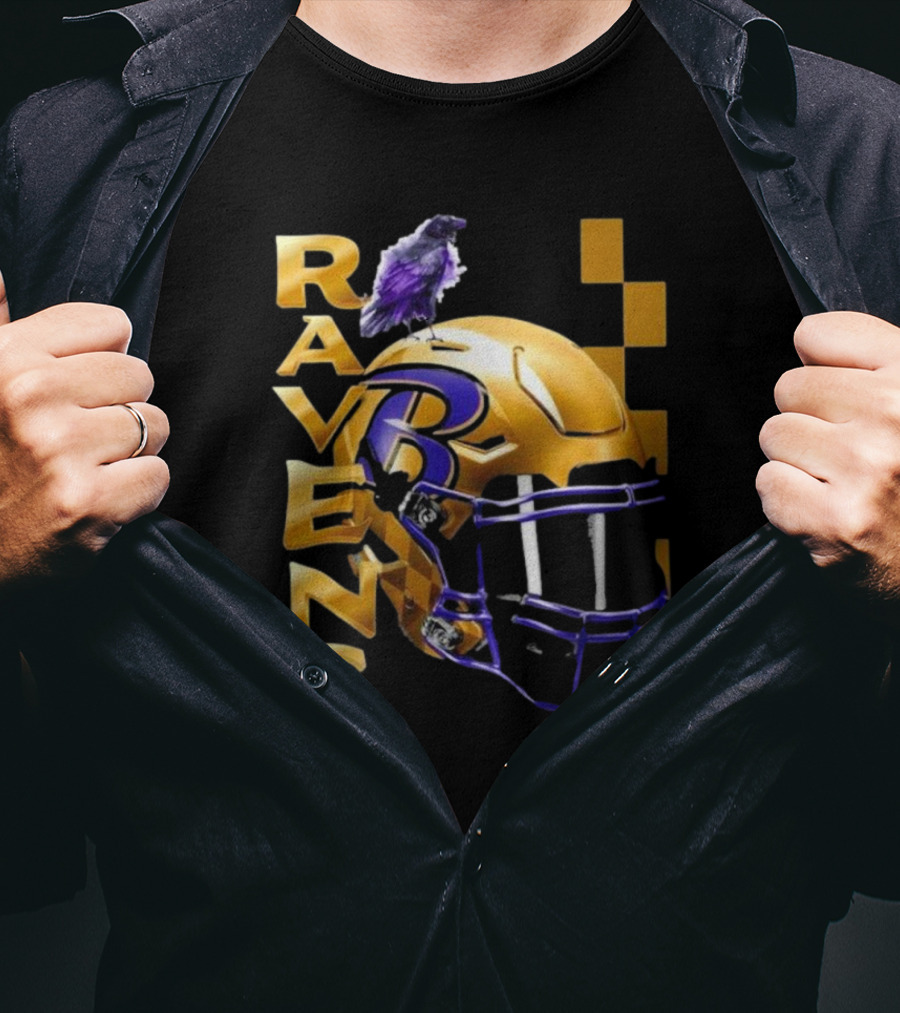 Ravens Gold Helmet With Purple B And Crow T-Shirt