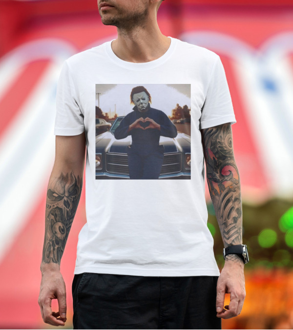 Premium T-Shirt: Michael Myers Heart Gesture Over Classic Car T-Shirt Michael Myers Heart Gesture Over Classic Car T-Shirt