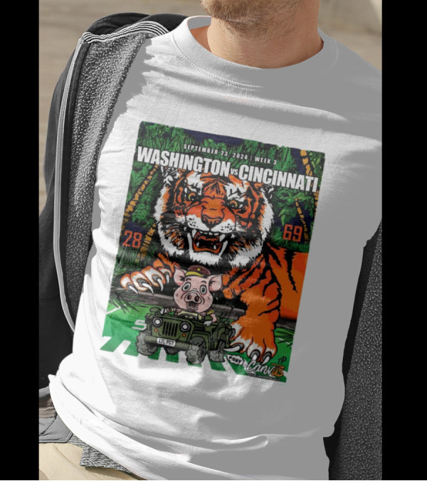 Washington Vs Cincinnati September 23 2024 Week 3 Tiger And Pig Illustration Cannvis Football Showdown T-Shirt