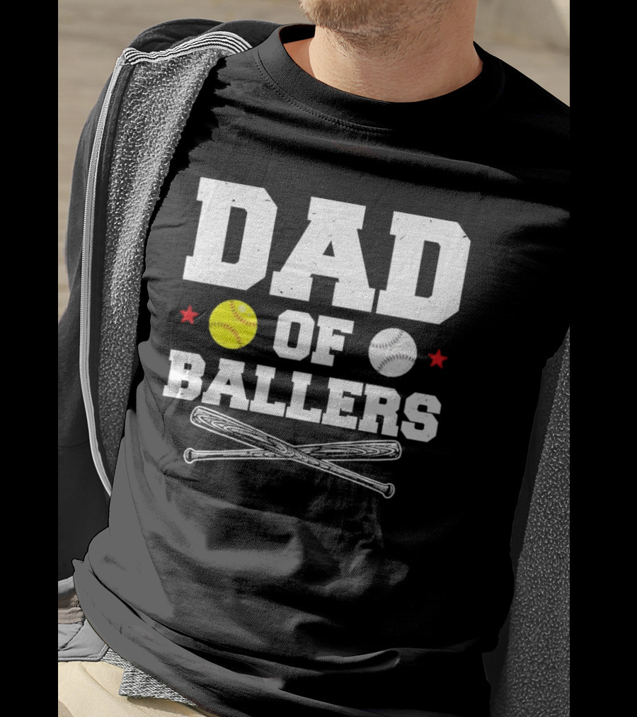 Dad Of Ballers Baseball Softball Crossed Bats Yellow White Balls Red Stars T-Shirt