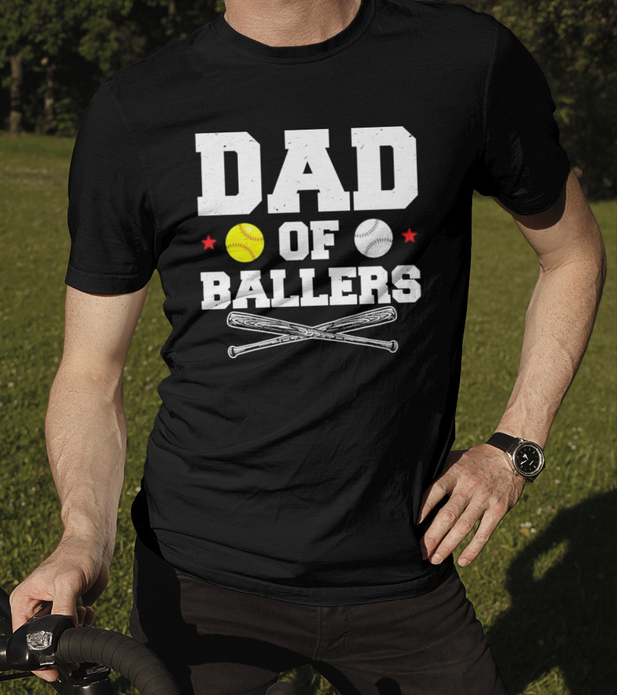 Dad Of Ballers Baseball Softball Crossed Bats Yellow White Balls Red Stars T-Shirt