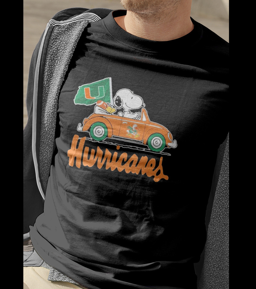 Peanuts Snoopy Woodstock Miami Hurricanes Car Driving With Flag T-Shirt