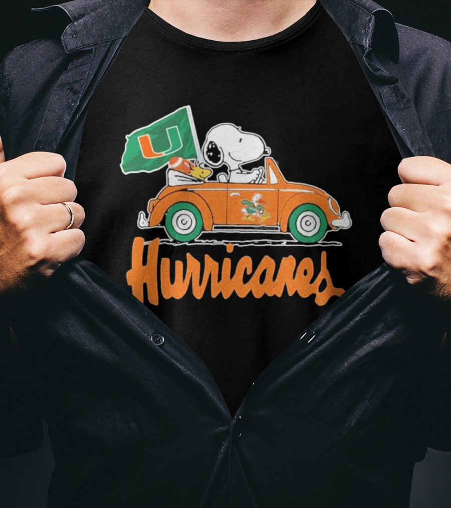 Peanuts Snoopy Woodstock Miami Hurricanes Car Driving With Flag T-Shirt