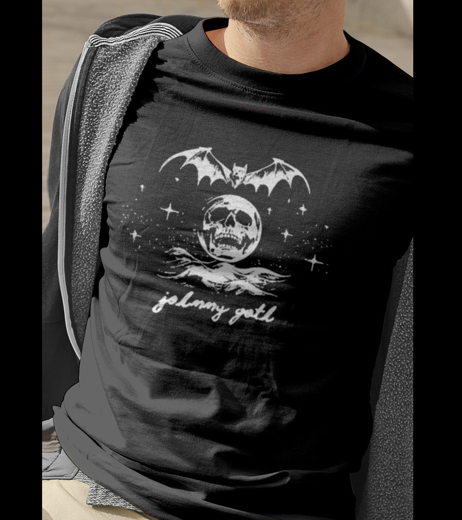 Johnny Goth Skull Moon Bat Stars White T-Shirt