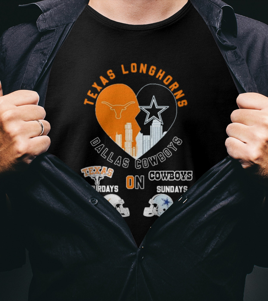 Texas Longhorns Dallas Cowboys Heart Skyline Saturdays Sundays Football Helmets T-Shirt