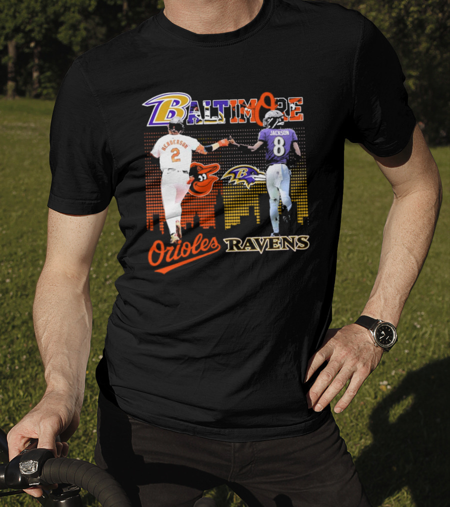 Baltimore Orioles Gunnar Henderson Baltimore Ravens Lamar Jackson City Skyline T-Shirt